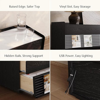 POVISON Fully-Assembled Mid Century Glossy Sintered Stone TV Stand, 118.11" Wood Media Console with Adjustable LED Light, Entertainment Center with Storage for Living Room(Black)