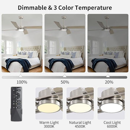 WINGBO 54 Inch Ceiling Fan with Light and Remote, 4 Plywood Blades, 6-Speed Reversible DC Motor, Dimmable, 3CCT, Farmhouse Ceiling Fan for Bedroom Living Room Kitchen, Brushed Nickel and Gray