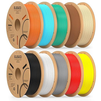 ELEGOO PLA Filament Bundle 10KG, 1.75mm 3D Printer Filament Dimensional Accuracy +/- 0.02mm 10 Assortment Colors, 1kg Spool(2.2lbs) Black/White/Space Gray/Red/Yellow/Orange/Sky Blue/Sea Green/Brown
