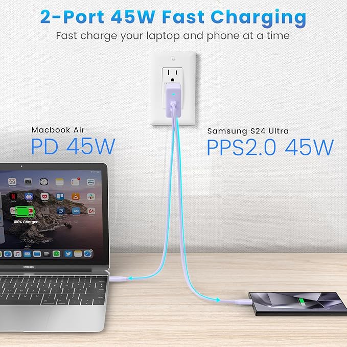 2Port 45W Super Fast Charger Type C, 2Pack 45W USB-C Charger Fast Charging for Samsung Galaxy S24 Ultra/S24+/S24/S23 Ultra/S23+/S22/S20/Note10+ with 2X 6.6ft Type C Cord (Purple)