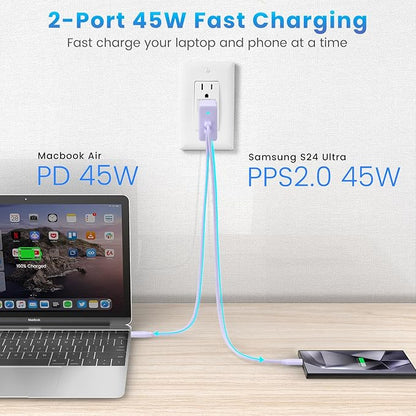 2Port 45W Super Fast Charger Type C, 2Pack 45W USB-C Charger Fast Charging for Samsung Galaxy S24 Ultra/S24+/S24/S23 Ultra/S23+/S22/S20/Note10+ with 2X 6.6ft Type C Cord (Purple)