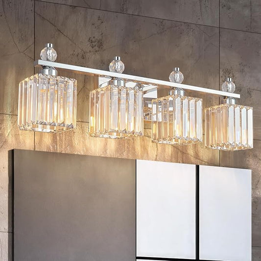 FDPBY Vanity Lights 4-Light Modern Crystal Vanity Light Chrome Bathroom Light Fixtures Over Mirror Crystal Bathroom Vanity Lighting Fixtures