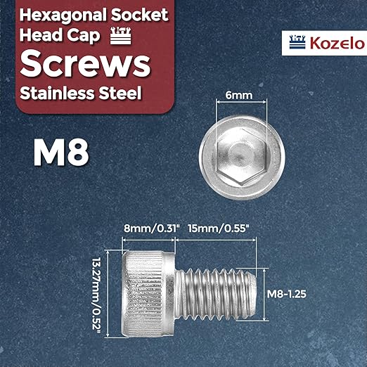 Kozelo 25pcs Socket Head Cap Screws - [M8-1.25 x 14mm] 304 Stainless Steel Allen Socket Drive for Electrical Motor 3D Printing Fan Engine Replacement Use, Silver