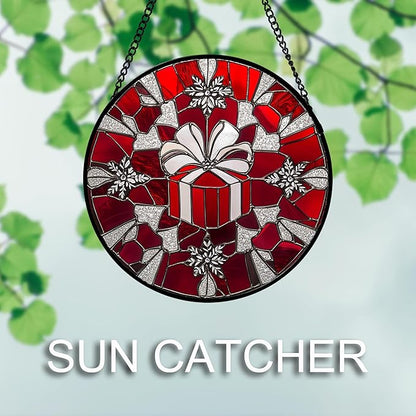 DASTOLL Stained Glass Window Hanging 4 Pcs Set Red Christmas Decorations Theme 7.8" - Suncatcher Door Garden Sun Catcher Decor Birthday for Mom Woman Nana Men Friend Wife