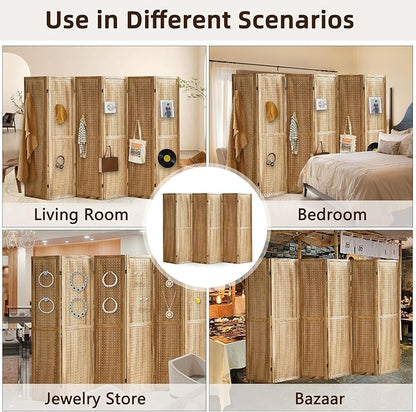 Aleesing 6 Panel Pegboard Display with 24 Hooks, Pegboard Room Divider and Folding Privacy Screens, Partition Room dividers, Wooden Room Divider Wall, Jewelry Store, Bedroom, Balcony, Light Brown