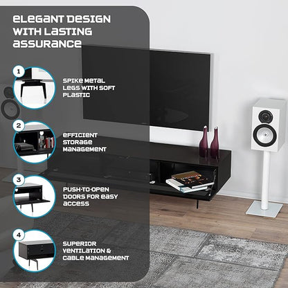 SONOROUS ST-360 Premium TV Stand for Living Room – Modern TV Stands & Entertainment Center with Storage – Black Wood & White Glass Cover – Luxury Media Console with Metal Legs for TVs up to 75 inches