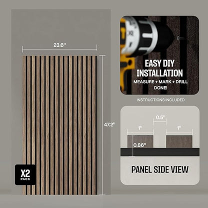 2-Pack Wood Panels for Wall - Acoustic Wood Slat Wall Panels, Soundproof Wooden Paneling for Interior Decor