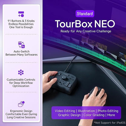 TourBox NEO - Customizable Editing Controller, Video Photo Color Grading Speed Editor, Mac/PC Intuitive Control Productivity for Adobe, Davinci and More, Programmable Keyboard Set with Cable and Bag