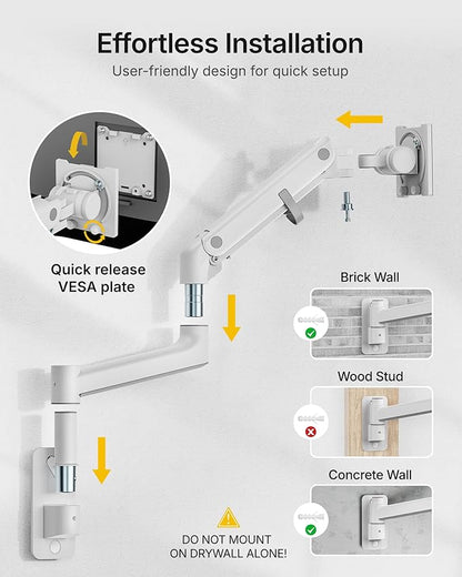 monTEK 17-49 inch Single Monitor Wall Mount for up to 44 lbs Ultrawide Screen, Premium Aluminum Heavy Duty Monitor Arm with Adjustable Gas Spring Arm, 75x75/100x100 VESA Mount, White