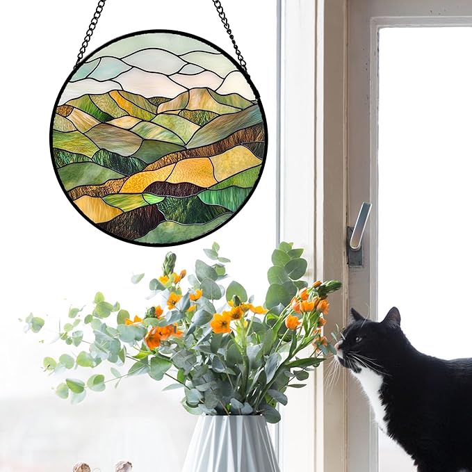 AMDERVEN Stained Glass Window Hanging 4 Pcs Set Mountain River Landscape 9.8" - Suncatcher Door Garden Sun Catcher Decor Birthday Mother's Day for Mom Woman Nana Girl Boy Friend