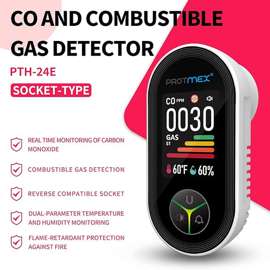 Protmex 4-in-1 Carbon Monoxide & Gas Detectors Plug in Large LCD Screen, Home CO Gas Detector with Temperature & Humidity Monitoring - 4 in 1 CO and Gas Detector Easy Installation for Home Travel