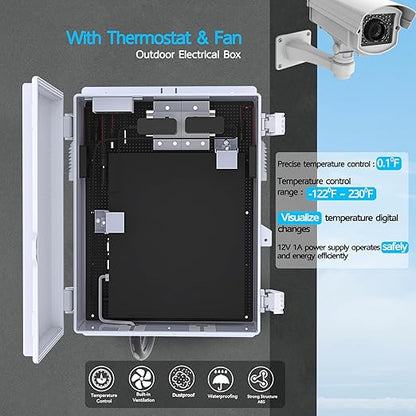 Akwscyby Outdoor Electrical Box, Waterproof Electrical Junction Box IP65 ABS Plastic Enclosure with Fan & Thermostat, Mounting Plate and Hinged Lid (15.7" H x 11" L x 5.9" W)