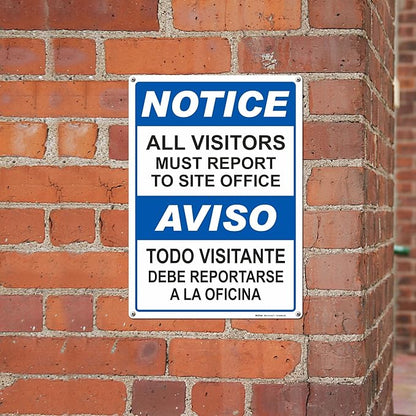 Brimar - 10" x 14" - Bilingual All Visitors Report Site Office Sign - .055″ Polyethylene Plastic - Bold Text And Symbol - Easy Installation