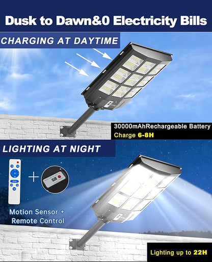 JAYNLT Y-3600W Solar Street Lights Outdoor,360000LM 6500K Parking Lot Lights Commercial, Waterproof Dusk to Dawn Solar Security Flood Lamps Motion Sensor for Driveway,Basketball Court