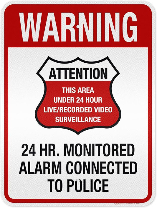Warning 24 HR. Monitored Alarm Connected To Police Sign, 18x24 Inches, 3M EGP Reflective, Rust Free .080 Aluminum, Fade Resistant, Made in USA by My Sign Center