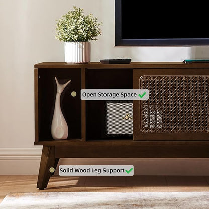 LKTART 68 Inch Mid Century Modern TV Stands with Rattan Doors, MCM Entertainment Center Media Console for 60/65/70/75 inch TVS, Long Boho Television Stand for Living Room, Dark Walnut