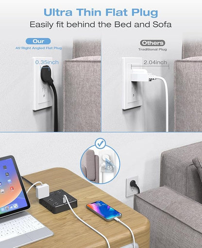 Flat Plug Power Strip, AOFO 5 Ft Extension Cord with 12 Outlets & 6 USB Ports (4 USB-A, 2 USB-C), Surge Protector, Ideal for Home, Office, Dorm, Large Spaces, Reliable and Safe, Black