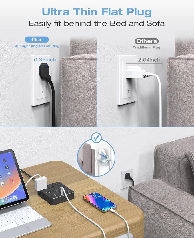 AOFO 25FT Surge Protector Power Strip,12 AC Outlets with 6 USB Ports (2 USB-C), Flat Plug Extension Cord with Multiple Outlets, Wall Mount for Home Office,Dorm, Black