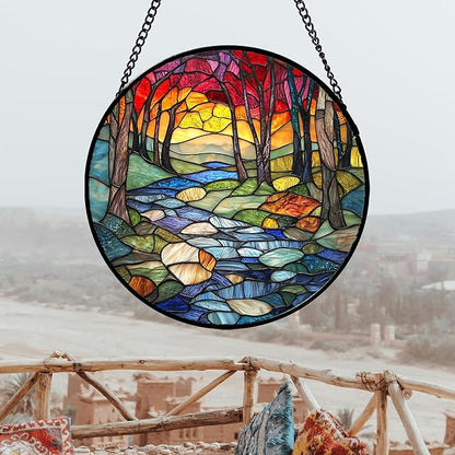 AMDERVEN Stained Glass Window Hanging, Red Tree Abstract Sunset Lake Sun Catcher for Window Home Decor Landscape Suncatcher Mother's Day Birthday Gifts for Women Men Mom and Nana 9.8 in