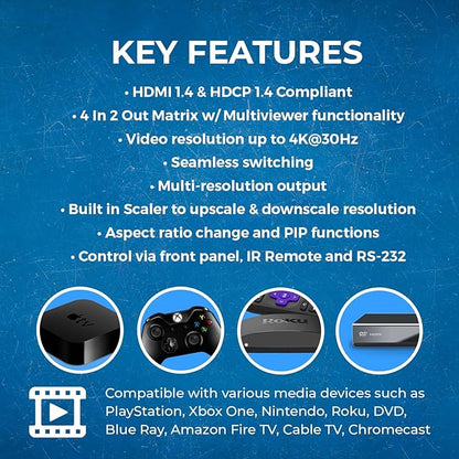 OREI Quad Multi HDMI Viewer 4 in 2 Out, HDMI Matrix Switcher 4 Ports Seamless Switching and IR Remote Supports 4K PIP PS5/PC/DVD/Security Camera, HDMI Switch RS-232 Optical Out - HDS-402MV