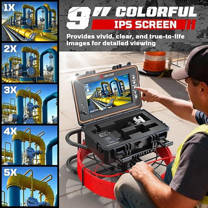 HBUDS Sewer Camera, Self Leveling Drain Camera 200ft with Meter Counter, 7mm Thick Cable, 9" HD Screen 1080P Plumbing Cameras Snake with Light, 5100mAh Battery Duct Pipe Video Inspection Cam DVR 32GB