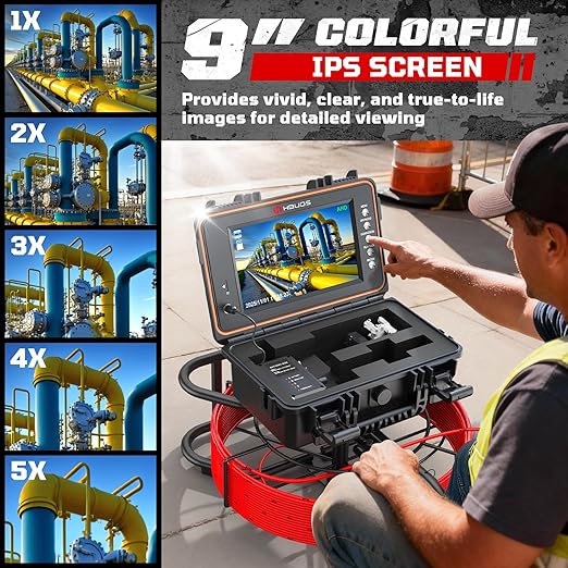 HBUDS Sewer Camera with 512Hz Sonde, Self Leveling 230ft Drain Camera with Meter Counter, 7mm Cable, 9" HD Screen 1080P Plumbing Cameras Snake with Light, 5100mAh Battery Pipe Inspection DVR 32GB