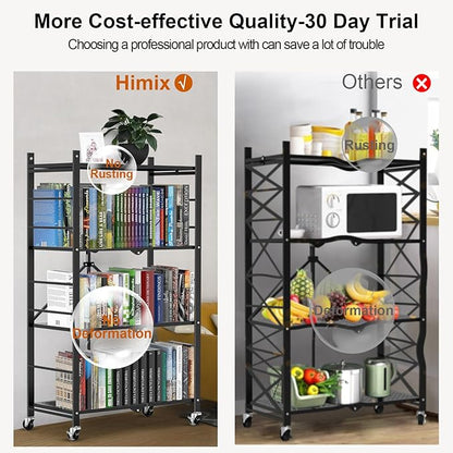 Himix Storage Shelves with 20 Hooks, 4-Tier Foldable Shelves for Storage, Folding Shelf Unit Pantry Shelves with Wheels, Metal Shelving Storage Rack Shelf for Kitchen Garage Home, Black - No Assembly