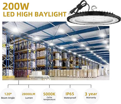 SOUTHLEVY 2 Pack UFO 200W LED High Bay Light, 5000K,28,000LM, 5 ft Cable with US Plug UL Certified Plug, IP65 Commercial Warehouse Area Light for Wet Location Area, Workshop, Garage