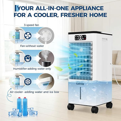 Portable Evaporative Air Cooler, 1.84Gal Touch Screen Cooler Fan with Remote Control, 3 Speeds 3 Modes LED Display, Ice Packs & Rolling Casters Included, Quiet 3-in-1 Cooling for Bedroom Home Office