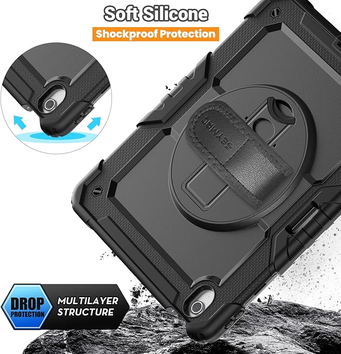 SEYMAC for iPad Air 13 Inch Case M3 2025/ M2 2024, Heavy Duty Shockproof Protective Case with Screen Protector, 360° Rotating Stand, Hand/Shoulder Strap and Pen Holder for iPad Air 13, Black
