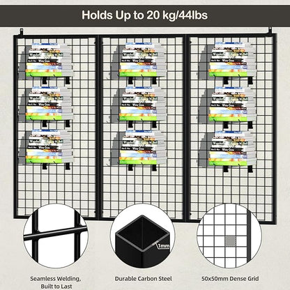 ztysn 3pcs Grid Wall Panels Display Stand -Wire Grid Hanging Rack with 30 Hooks, Freely Assembled Art Display Panels/Workshop Wall Mount Storage Rack Garage Organization