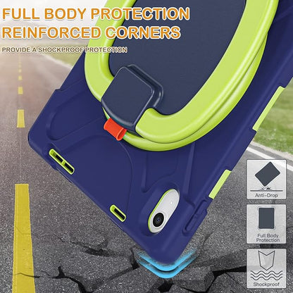 BRAECN Case for iPad (A16) 11th/10th Generation 11”/10.9'' 2025/2022-Rugged Silicone Cover with Swivel Ring Stand/Pencil Holder/Handle Grip/Kickstand/Screen Protector/Shoulder Strap, Navy Green