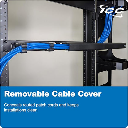 ICC 1U Ring Cable Manager Panel with Cover, Plastic with Metal Back Frame, 4" D-Rings, Horizontal Cable Management, Rackmount for 19” Network Racks, Black, 6-Pack