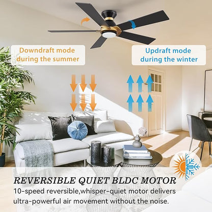 SMAAIR 52 Inch Smart Ceiling Fan with Light and Remote, Flush Mount Modern Ceiling Fan with lights,Compatible with Alexa/Google Assistant/Siri,Timer and Schedule,10 Speed DC Motor,Black/Gold