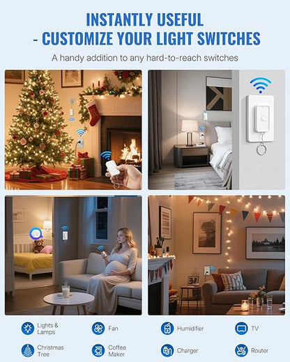 WILAWELS Remote Control Outlet Wireless Wall Switch, Wireless On Off Remote Switch Outlet with Magnetic Base for Light, Lamp, 100ft RF Range, 10A/1250W, Two Switches for One 0utlet W14RC2106