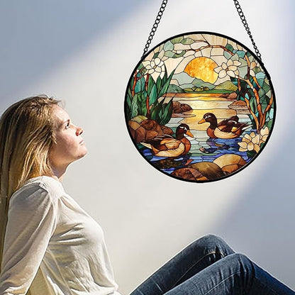 AMDERVEN Stained Glass Window Hanging, Ducks in The Pond Sun Catcher for Door Home Decor Landscape Plant Suncatcher Christmas Mother's Day Birthday Gifts for Women Men Mom Nana 11.8 in