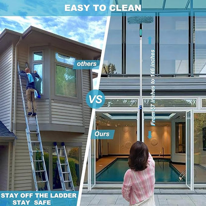 20 Ft+ Reach 2 In 1 Window Squeegee Duster with 5-to-12 Foot Extension Pole, Cleaner Tool with 3-Stage Telescoping Pole, Cleaning Kit with Rotatable Head - Chenille Cloth + Microfibre Cloths Head