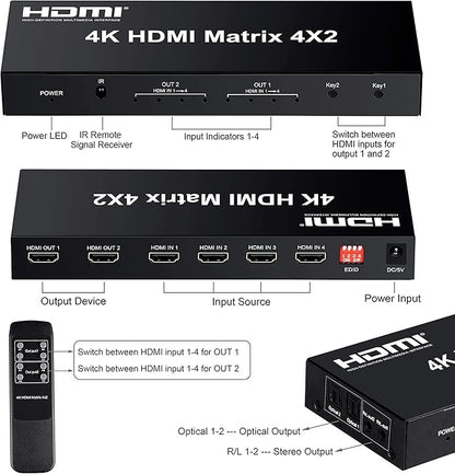 FERRISA 4x2 HDMI Matrix Switch, 4 in 2 Out Matrix HDMI Video Switcher Splitter +Optical & L/R Audio Output,Support Ultra HD 4K, 3D 1080P, Audio EDID Extractor with IR Remote Control