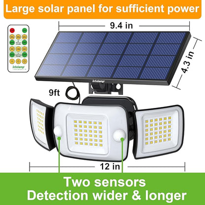 intelamp Solar Flood Lights Outdoor Waterproof, 2 Pack 6000mAh 1200LM Solar Powered Dual Motion Sensor LED Lighting Dusk to Dawn Security Floodlight Exterior with Remote 9.8ft Cable for Garden House