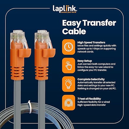 LAPLINK Easy Transfer Cable, Includes PCmover Express Data Transfer Software and High Speed Ethernet Cable, Single Use License, Only Transfers Files and Settings. Compatible with Windows 11