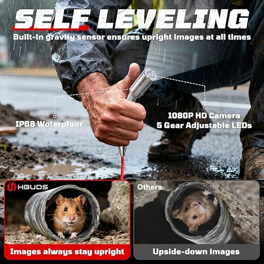 HBUDS Sewer Camera, Self Leveling Drain Camera 65ft with Meter Counter, 7mm Thick Cable, 9" HD Screen 1080P Plumbing Cameras Snake with Light, 5100mAh Battery Duct Pipe Video Inspection Cam DVR 32GB