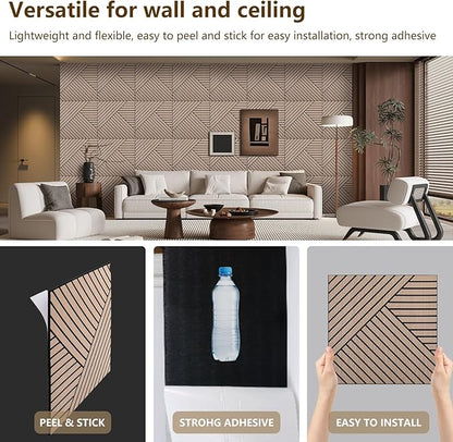 ARMURO 4 Packs Acoustic Wall Panels - Self-Adhesive 3D Wood Slat Wall Panel- Peel and Stick Sound Absorbing Panels for Noise Reducing - Feature Wall Decor for Home & Office