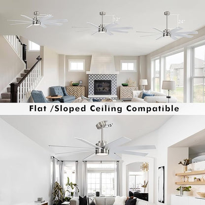 WINGBO 60" Large DC Ceiling Fans with Lights and Remote, 3 Downrods, 8 Plywood Blades, 6-Speeds Reversible DC Motor, 3CCT, Indoor Ceiling Fan for Bedroom Living Room Patio, Brushed Nickel and Silver