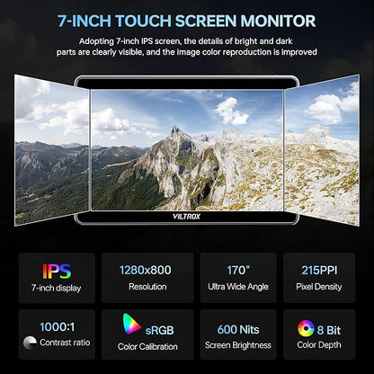 VILTROX DC-L2 7 inch SDI Camera Monitor, 1280x800 IPS HD Touch Screen Camera Field Monitor with 4K HDMI & SDI in/Out, 600 Nit, 3D LUT, Focus Peaking, Video Assist, Full Waveform, F550 Battery