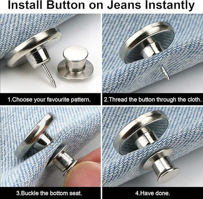 TOOVREN 8 Sets Jean Buttons for Loose Jeans, No Sew No Tool Instant Replacement Button Pins Adjustable Pant Waist Tightener to Make Smaller, Reusable Extra Pants Clips to Tighten Waist, Silver