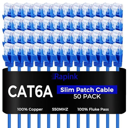 Rapink Patch Cables Cat6a 1ft (50 Pack) Slim, Cat6a Ethernet Patch Cable 10G Support, Snagless Cat 6 Patch Cable for Patch Panel to Switch, Flexiable Cat 6a Ethernet Cable with Gold Plated