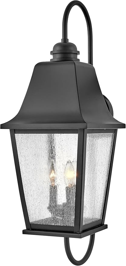 Hinkley Kingston Large Wall Mount Lantern - Oversized Sweeping Roof & Arms, Aluminum, Clear Seedy Glass - Black Finish