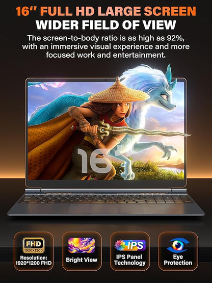 Rumtuk 16" Gaming Laptop Computer - Alder Lake N95 Processor (3.4GHz), FHD 1920 * 1200 IPS, 16G RAM, Fingerprint, Backlit Keyboard, 180° Hinge, Lightweight for Business & Student (512GB)
