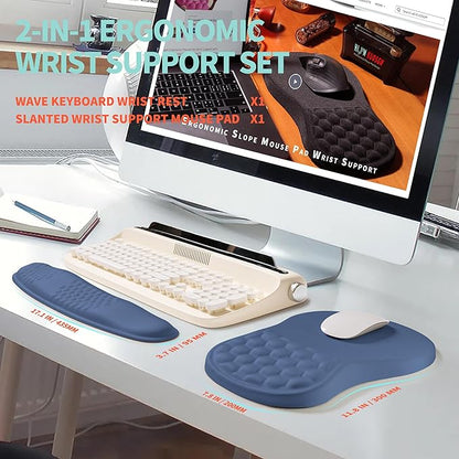 KUOSGM 2-in-1 Ergonomic Set, Wave Rise Keyboard Wrist Rest and Massage Bulge Slope Mouse Pad Wrist Support, Cushion Memory Foam Integrated to Relieve Wrist Pain, Dark Blue