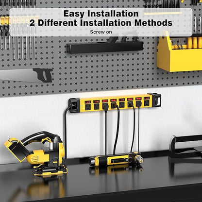 Power Strip with Individual Switches - 8 Outlet Heavy Duty Power Strip with Cord Manager,1200J Surge Protector Home Office Garage Industrial Workbench